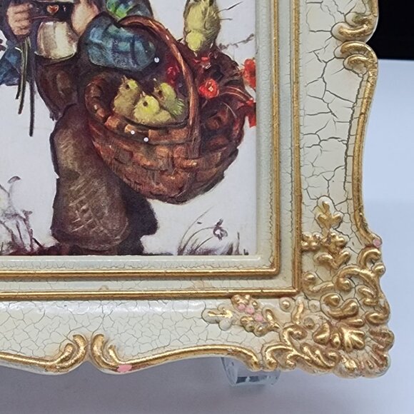 Vintage Gold Ornate Crackle Frame With Child & Basket Print Lightweight Plastic - Picture 4 of 10